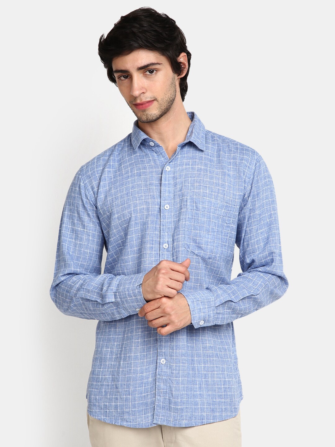 

V-Mart Opaque Windowpane Checks Cotton Casual Shirt, Blue