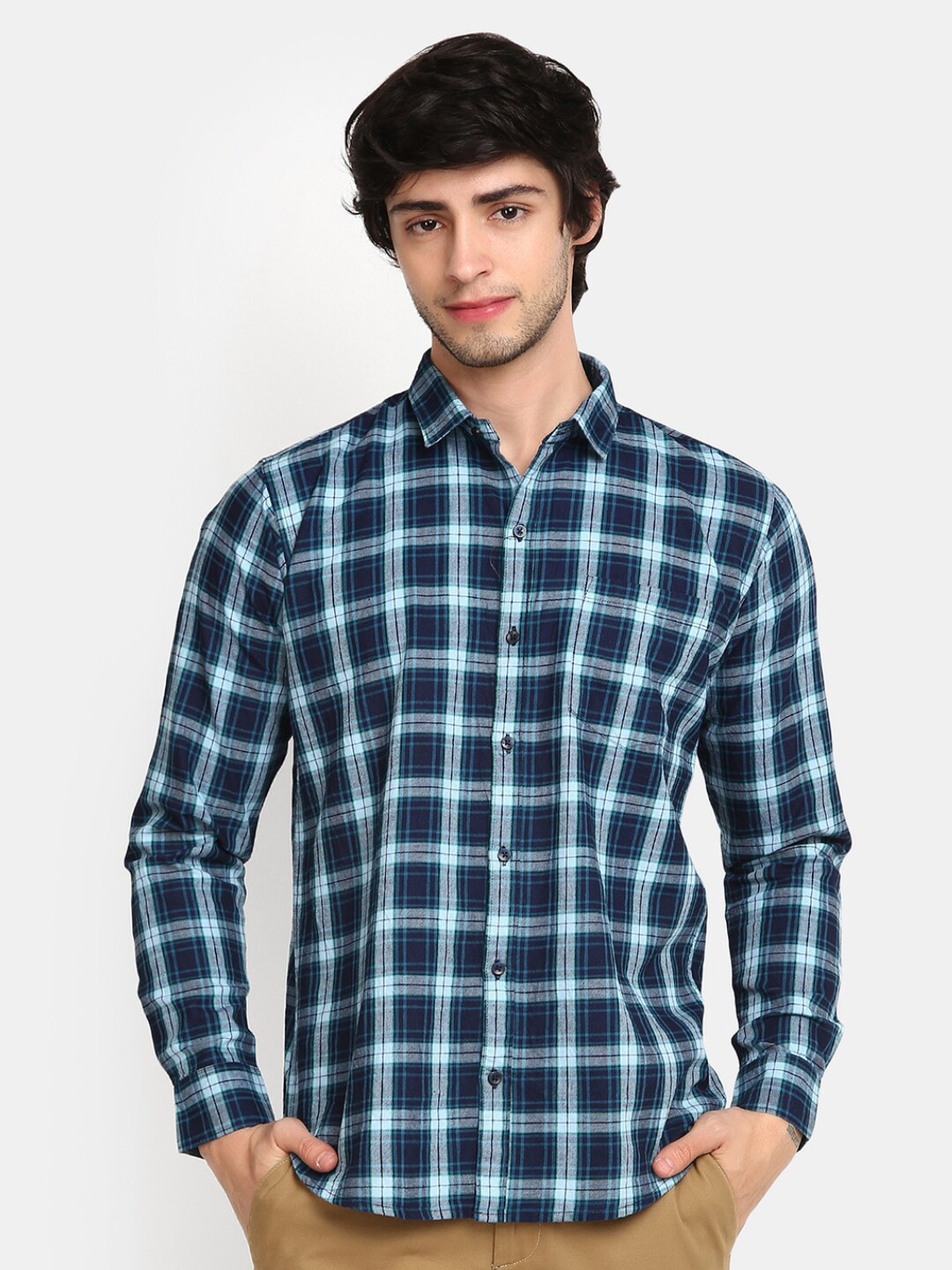 

V-Mart Other Checked Spread Neck Long Sleeve Cotton Casual Shirt, Blue