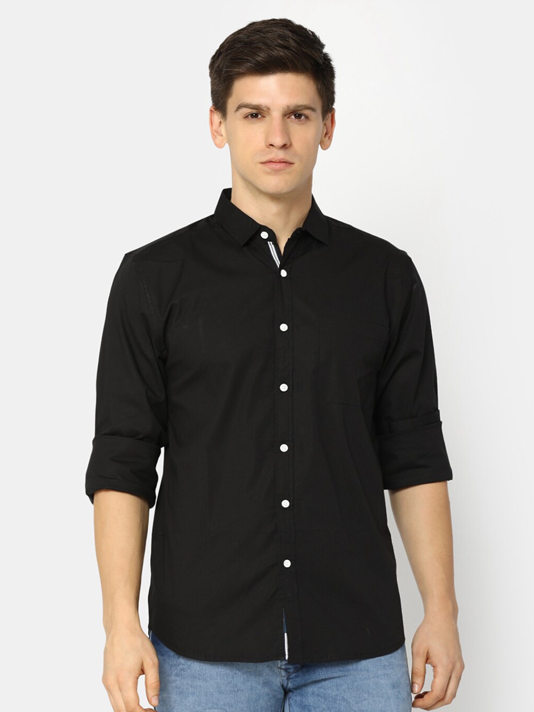 

V-Mart Spread Collar Cotton Slim Fit Casual Shirt, Black