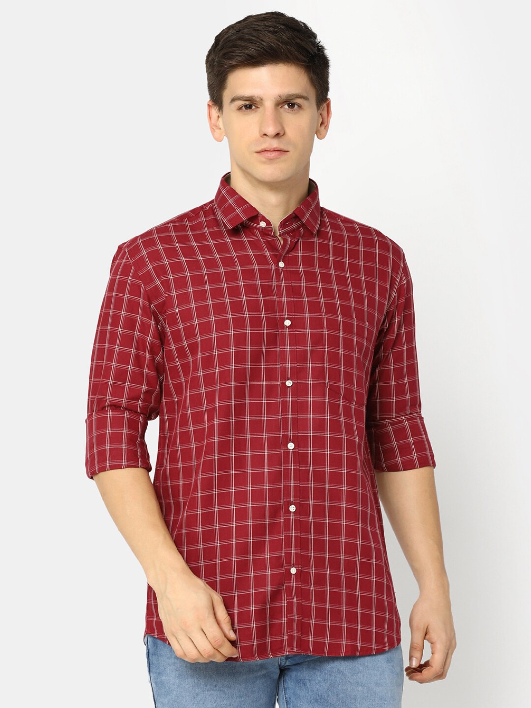 

J White by Vmart Checked Cotton Casual Shirt, Maroon