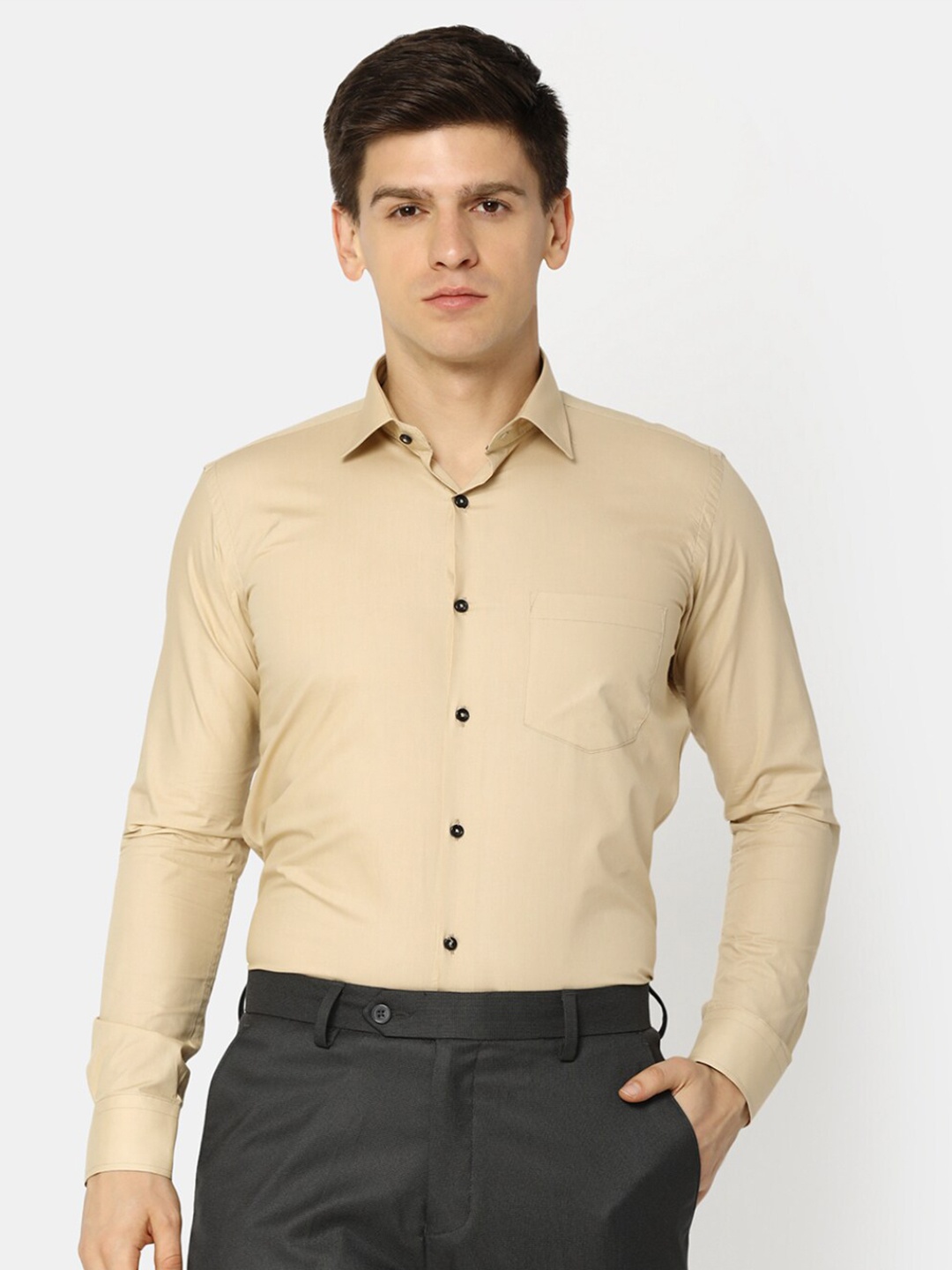 

J White by Vmart Regular Fit Spread Collar Long Sleeve Pocket Cotton Formal Shirt, Beige