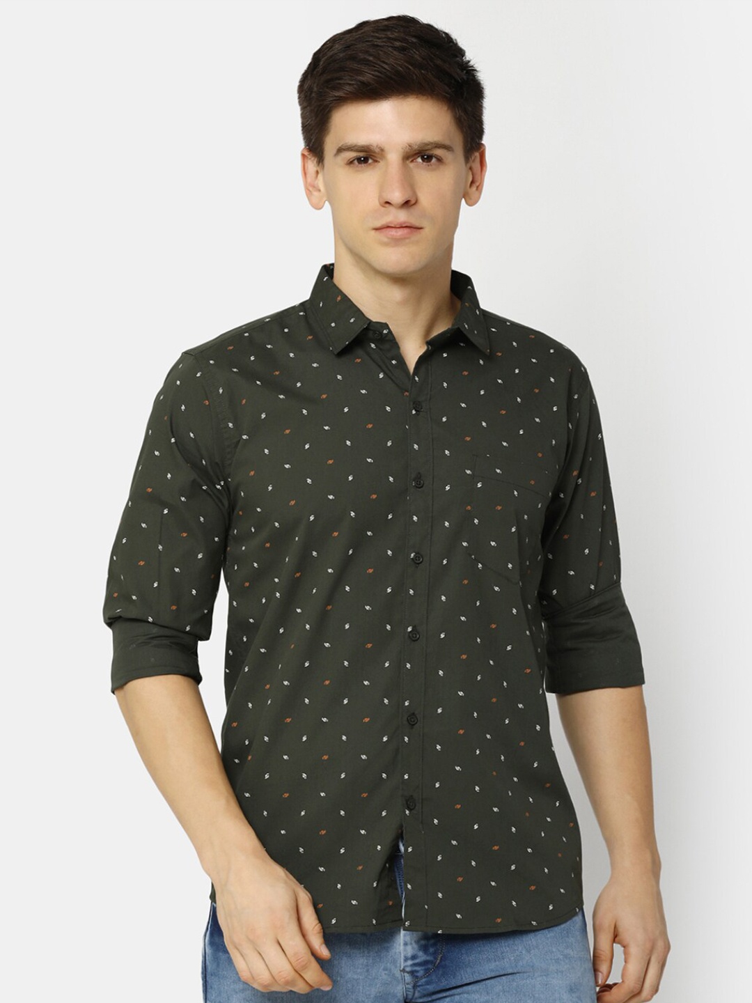 

V-Mart Slim Fit Micro Ditsy Printed Cotton Casual Shirt, Green