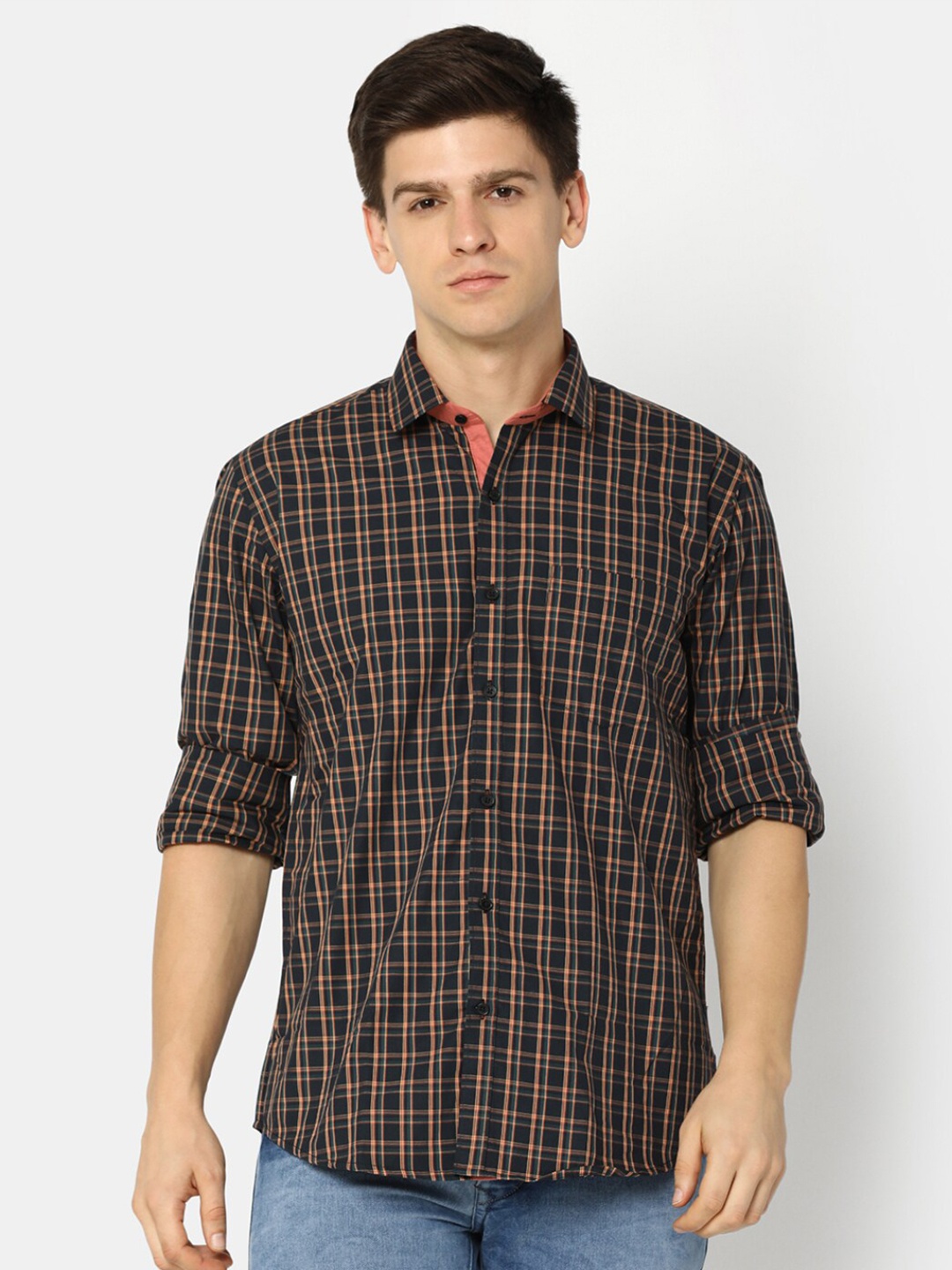 

J White by Vmart Tartan Checked Spread Collar Long Sleeve Cotton Casual Shirt, Blue