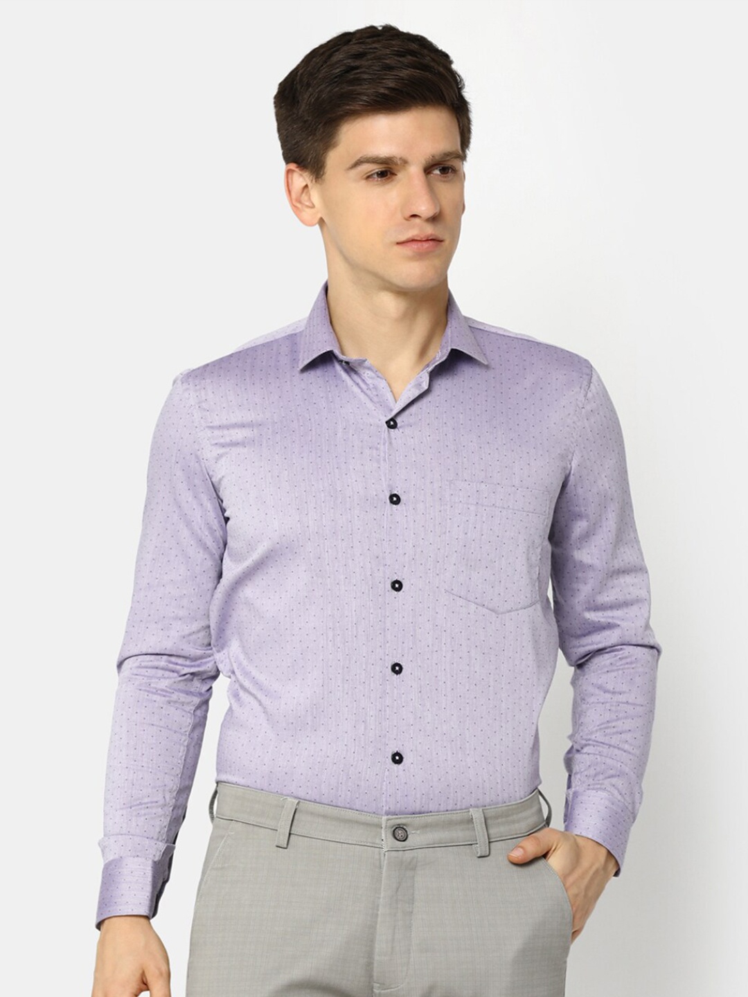 

J White by Vmart Regular Fit Micro Print Spread Collar Long Sleeve Pocket Cotton Formal Shirt, Purple