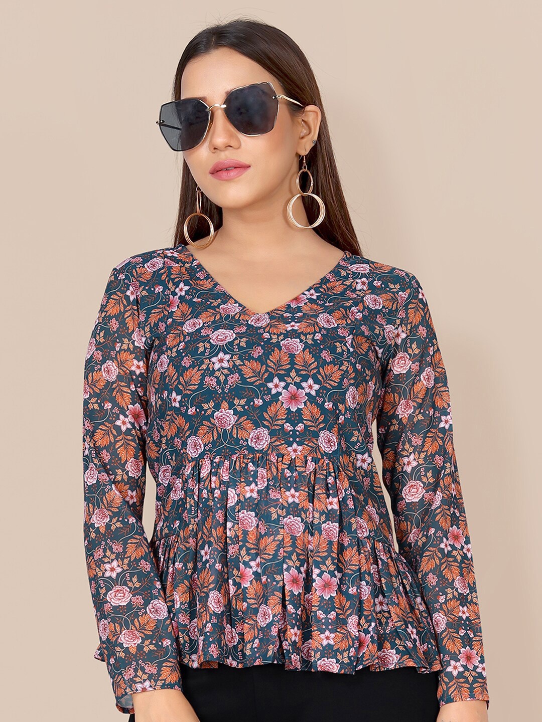 

FASHION DREAM Floral Printed Gathered Peplum Top, Teal