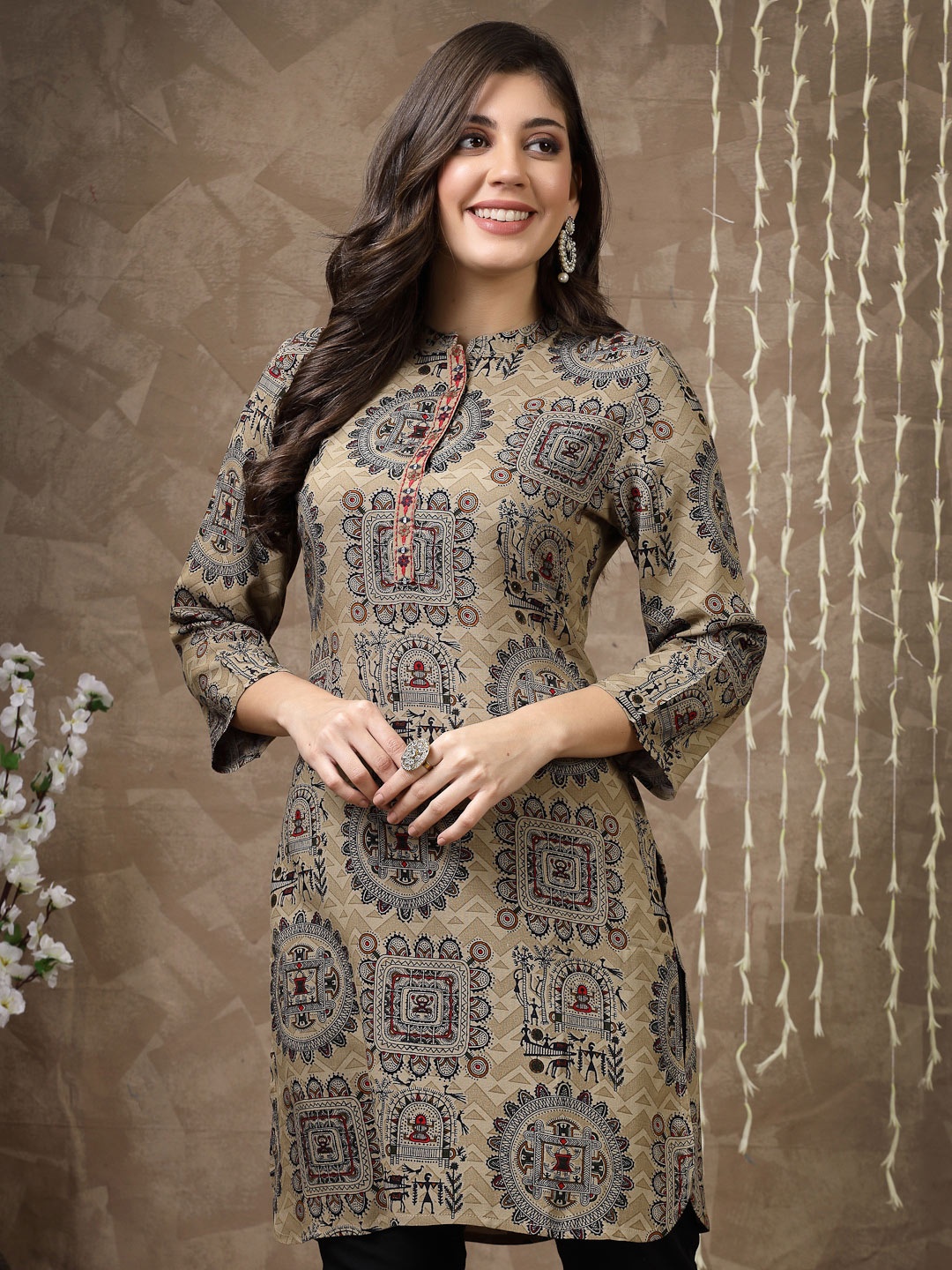 

Nayam By Lakshita Green Ethnic Motifs Printed Mirror Work Mirror Work Kurti