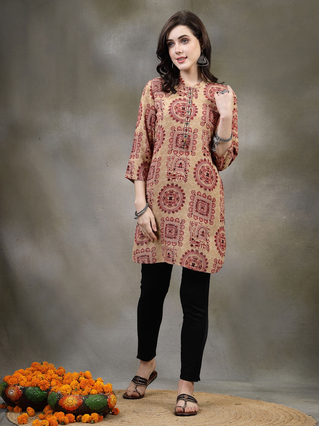 

Nayam By Lakshita Rust Ethnic Motifs Printed Thread Work Thread Work Kurti