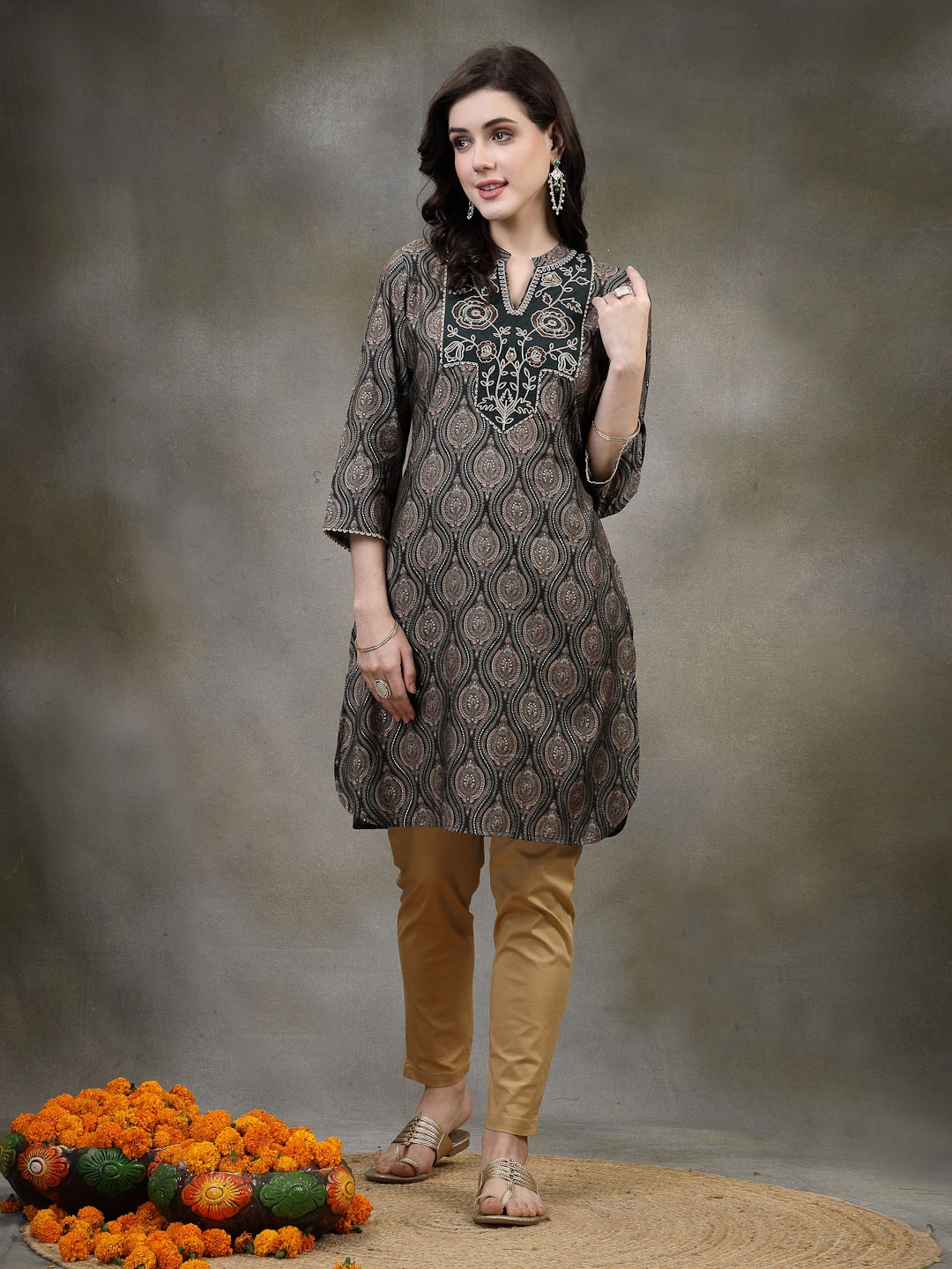 

Nayam By Lakshita Green Floral Embroidered Sequinned Modal Sequinned Kurti