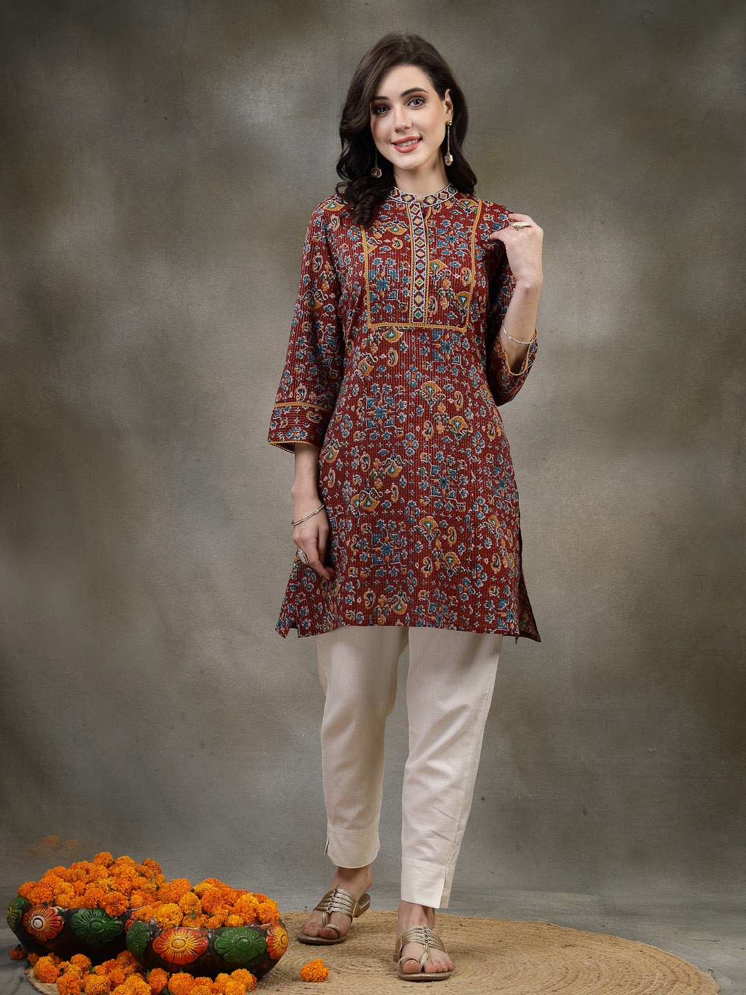 Nayam By Lakshita Rust Printed Mirror Work Mirror Work Kurti