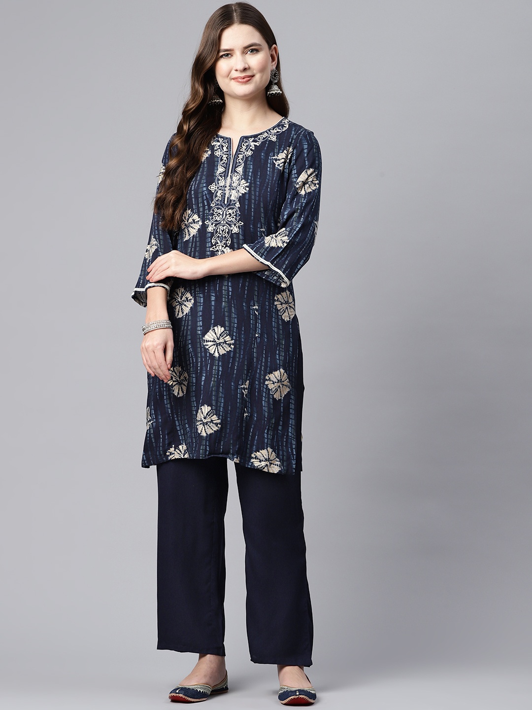 

Nayam By Lakshita Women Navy Blue Printed Regular Sequinned Kurta with Palazzos