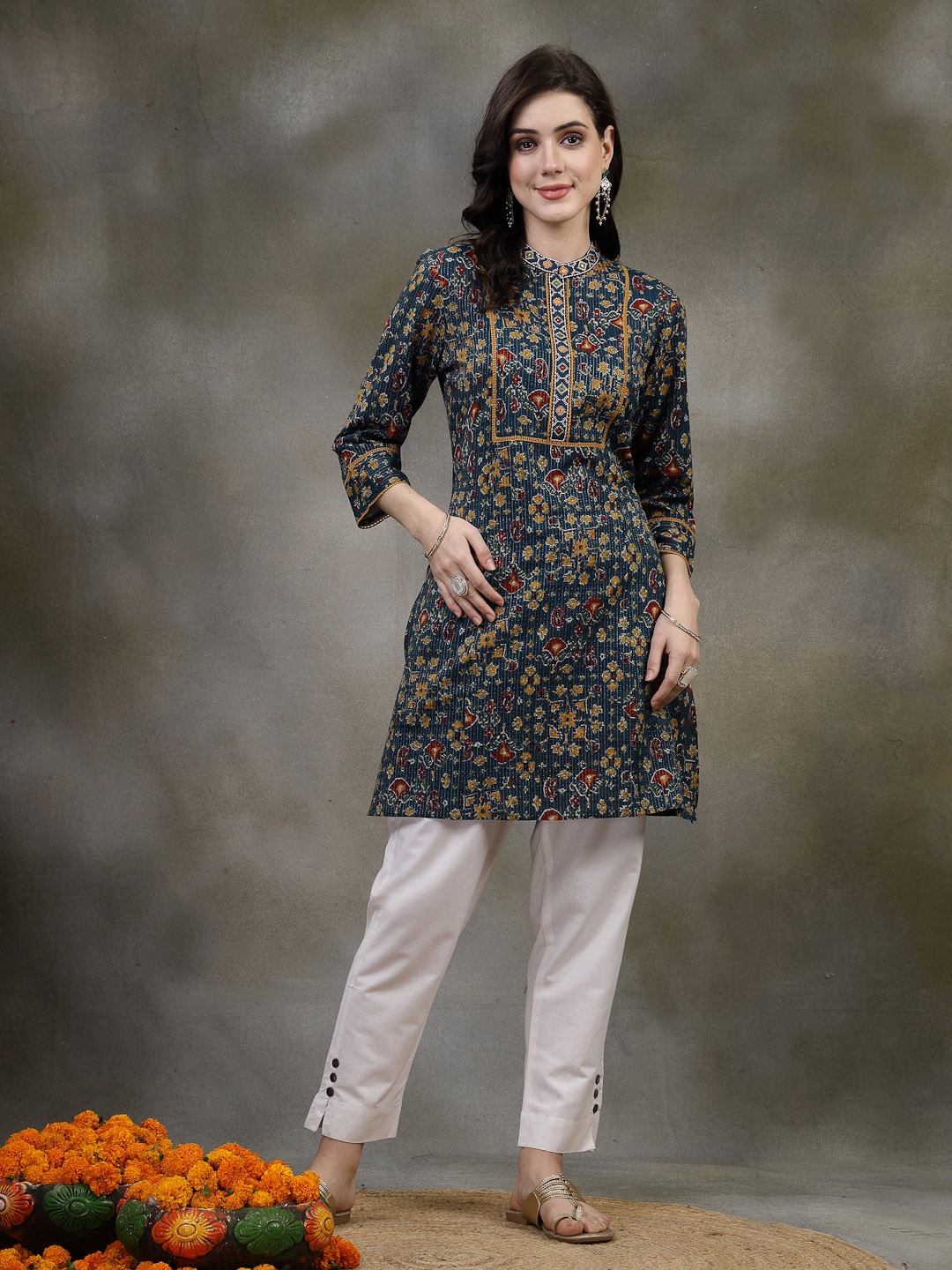 

Nayam By Lakshita Floral Printed Thread Work Thread Work Kurti, Teal