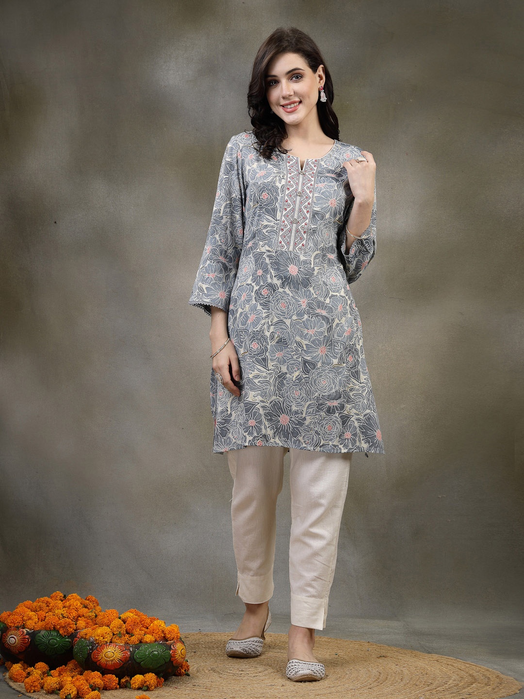 Nayam By Lakshita Grey Floral Printed Thread Work Thread Work Kurti