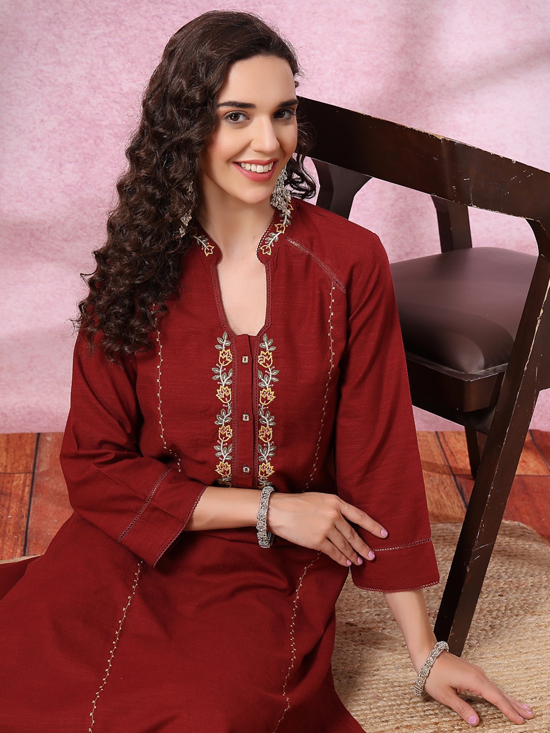 

Nayam By Lakshita Women Maroon Floral Embroidered Panelled Pure Cotton Kurta with Palazzos