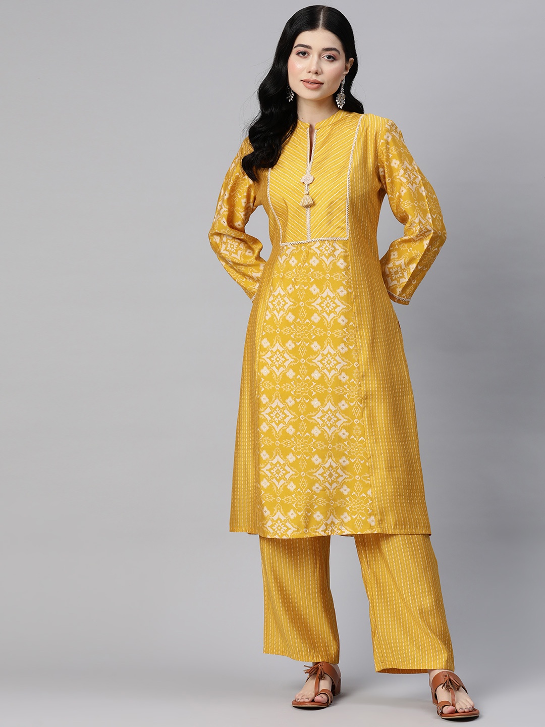 

Nayam By Lakshita Women Yellow Striped Regular Chanderi Cotton Kurta with Palazzos