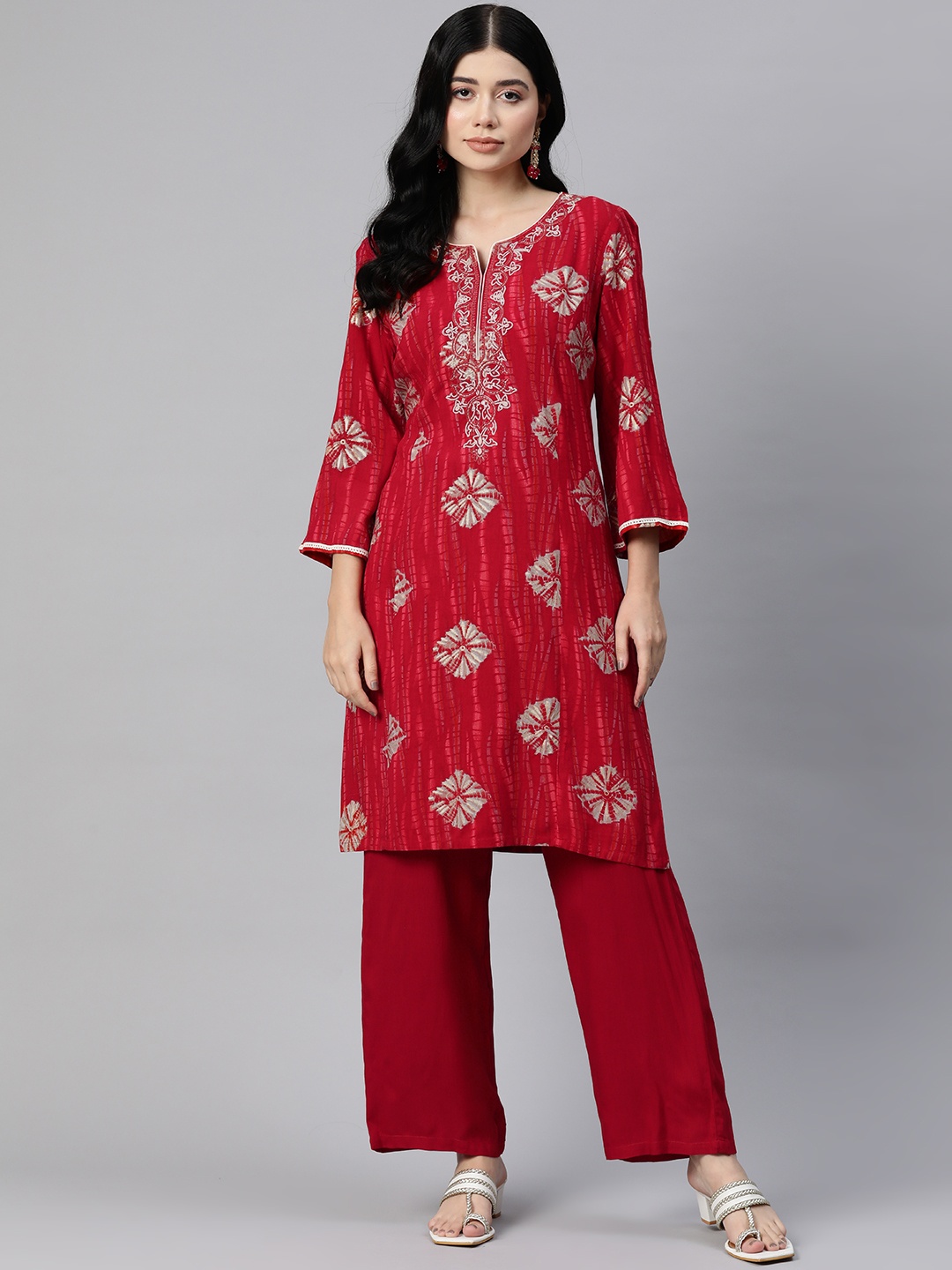 

Nayam By Lakshita Women Red Printed Regular Thread Work Kurta with Palazzos