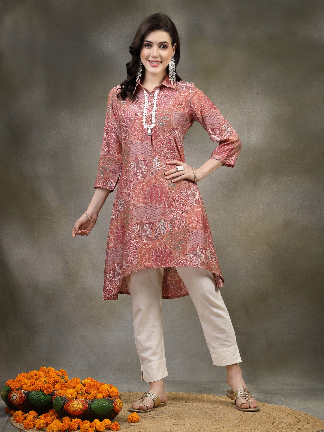

Nayam By Lakshita Floral Printed Shirt Collar Modal Kurti, Pink