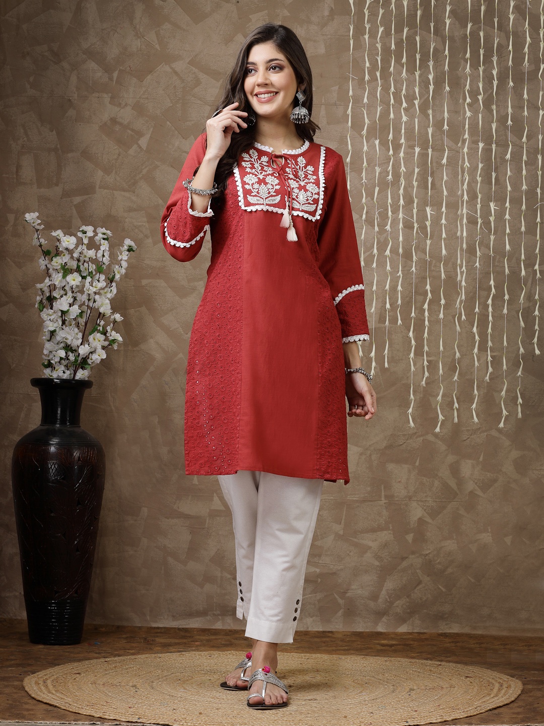 

Nayam By Lakshita Floral Yoke Design Thread Work Pure Cotton Thread Work Kurti, Rust
