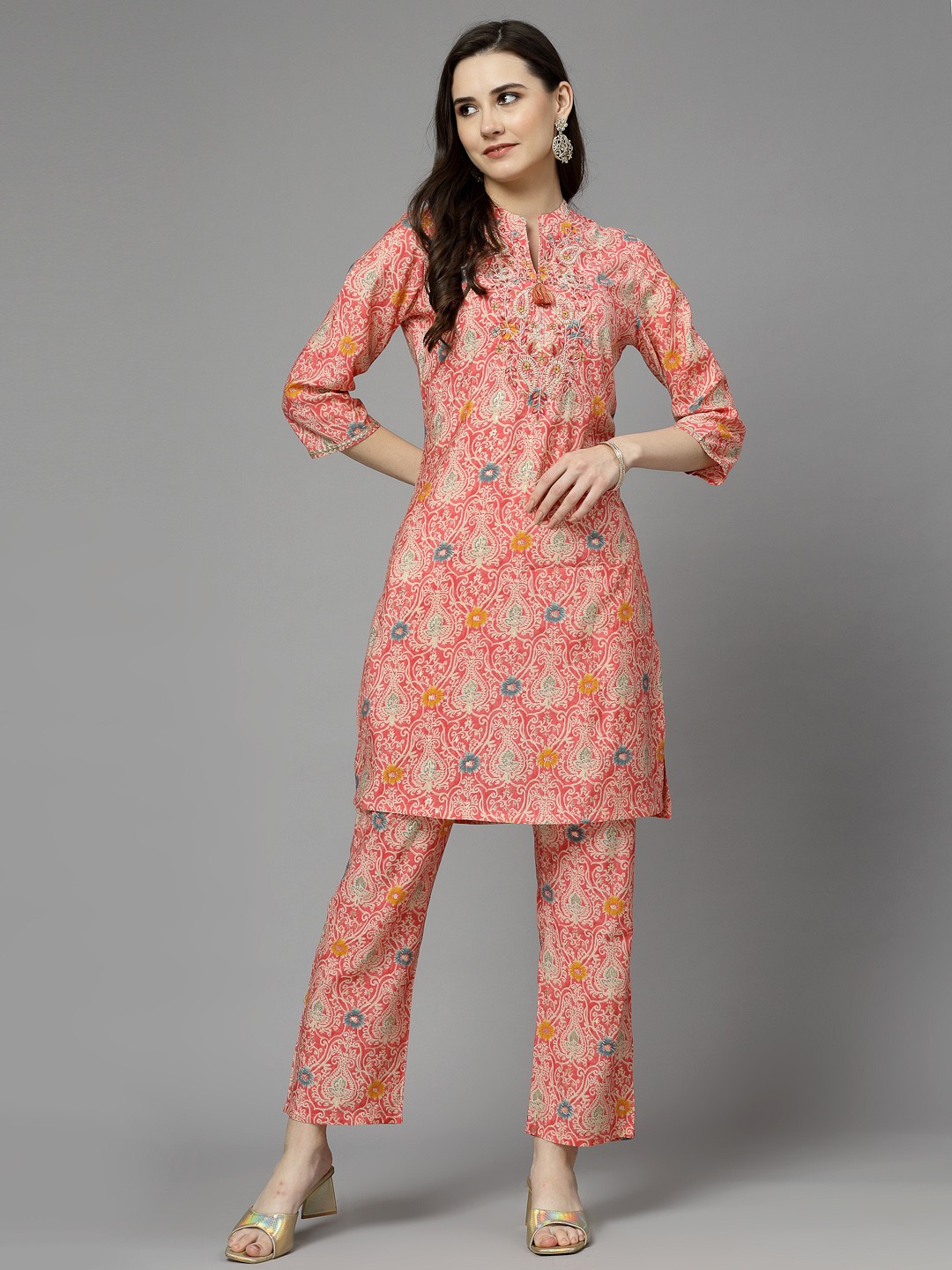 

Nayam By Lakshita Women Pink Ethnic Motifs Embroidered Regular Chanderi Cotton Kurta with Palazzos