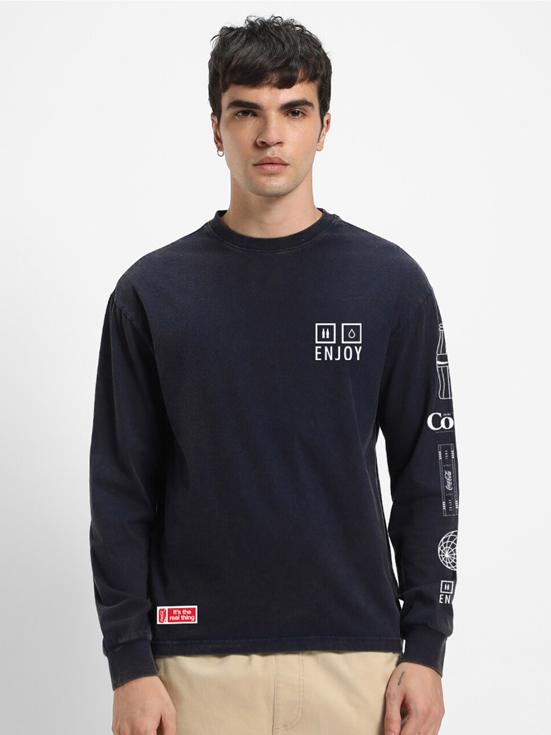 

Bewakoof Typographic Printed Pure Cotton Oversized T-shirt, Blue