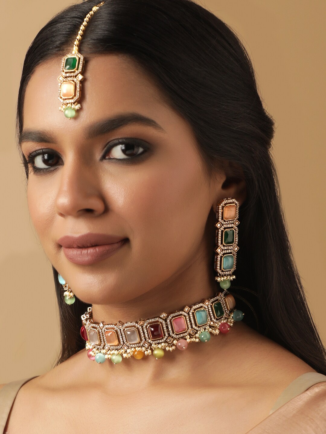 

Rubans 22K Gold-Plated Multicolor Kundan & Beaded CZ Accents Handcrafted Choker Set