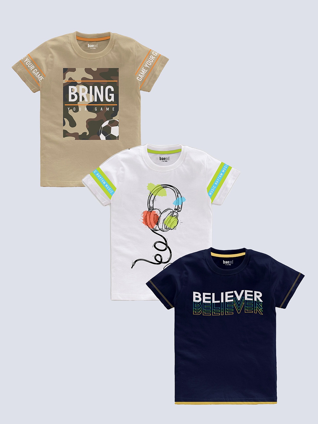 

BAESD Boys Pack Of 3 Typography Printed Pure Cotton T-shirt, Beige