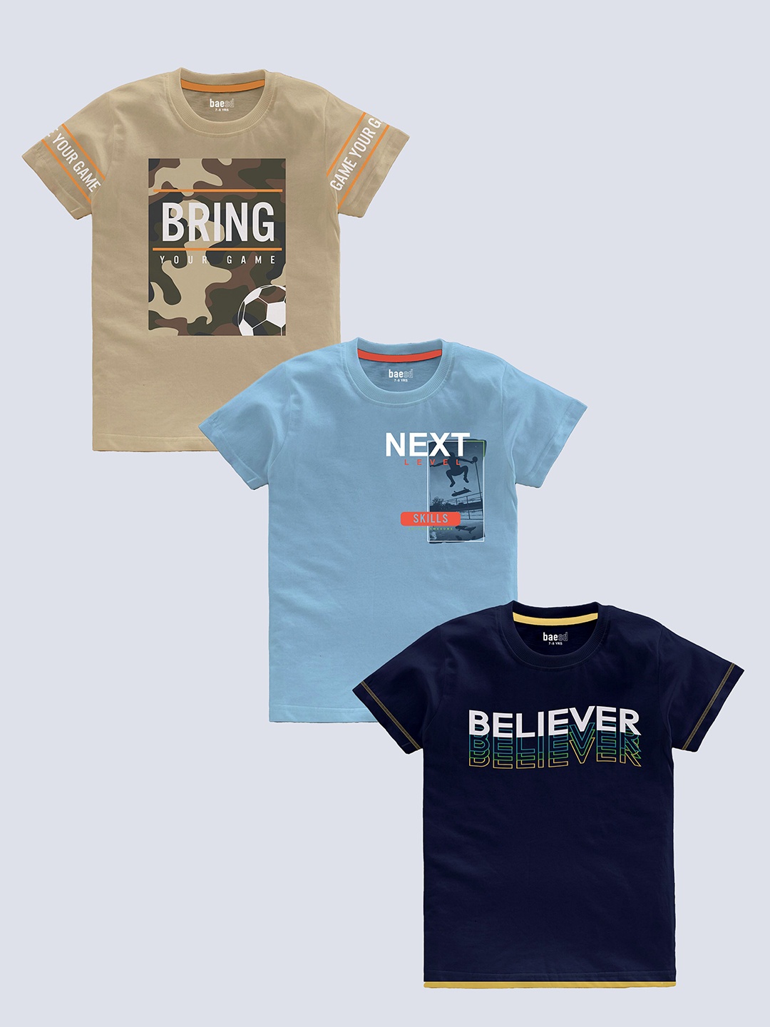 

BAESD Boys Pack Of 3 Typography Printed Pure Cotton T-shirt, Beige