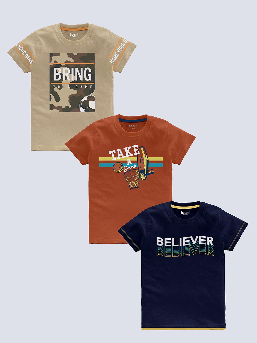

BAESD Boys Pack Of 3 Typography Printed Pure Cotton T-shirt, Navy blue
