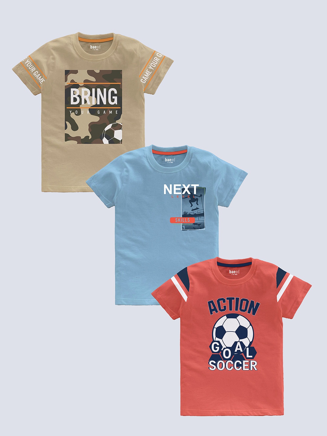 

BAESD Boys Pack Of 3 Typography Printed Pure Cotton T-shirt, Beige