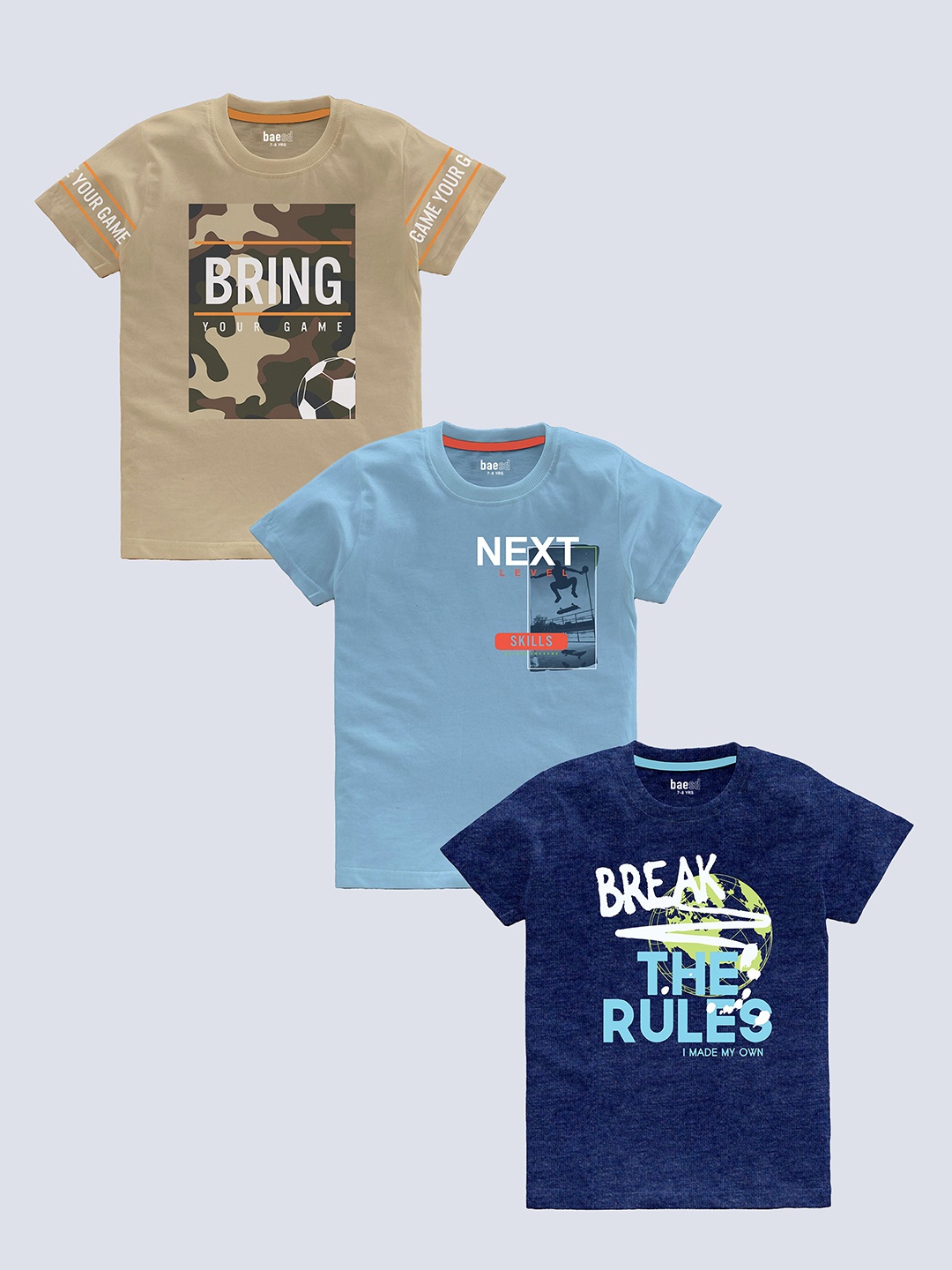 BAESD Boys Pack Of 3 Typography Printed Pure Cotton T-shirt, Beige