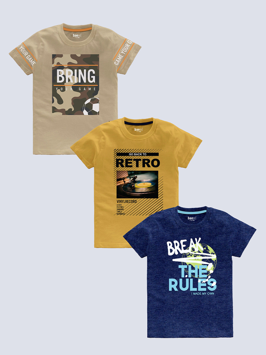 

BAESD Boys Pack Of 3 Typography Printed Cotton T-shirt, Beige