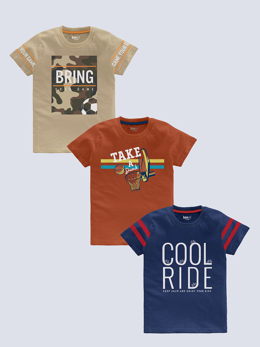 

BAESD Boys Pack Of 3 Typography Printed Pure Cotton T-shirt, Beige