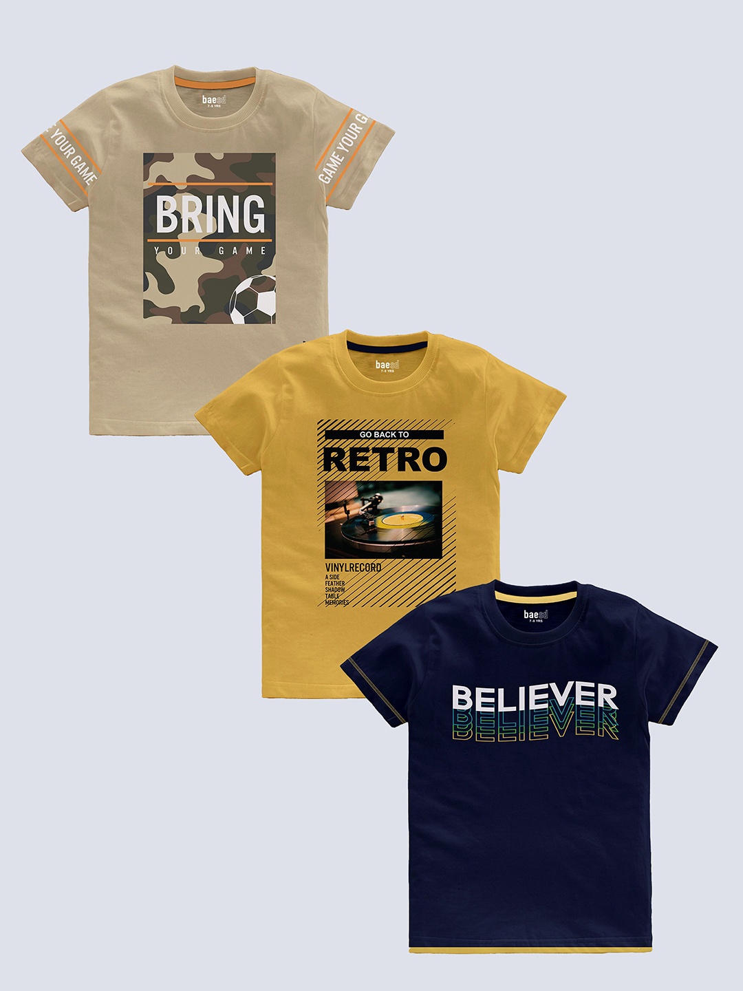 BAESD Boys Pack Of 3 Typography Printed Pure Cotton T-shirt, Beige