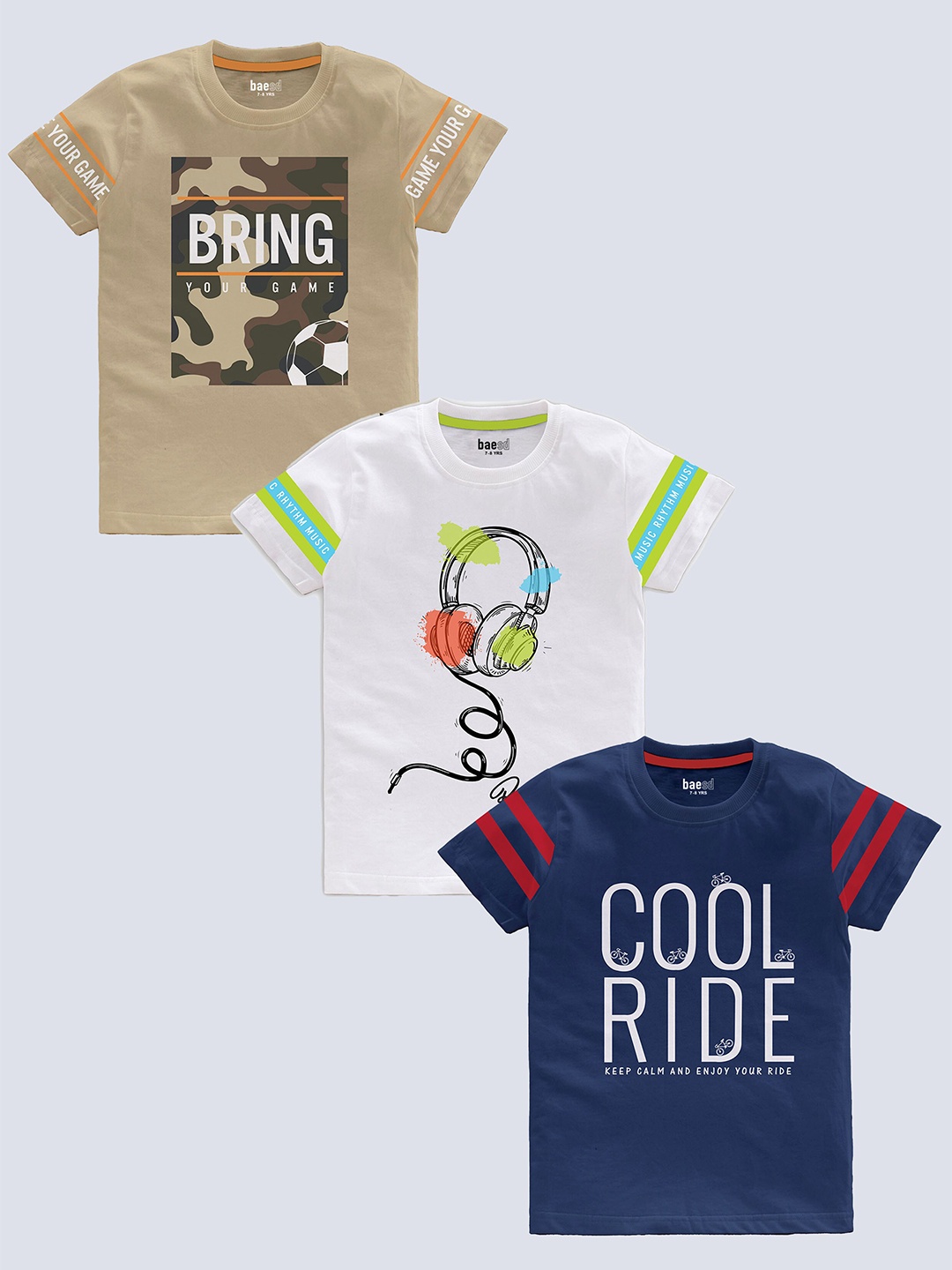 

BAESD Boys pack Of 3 Typography Printed Cotton T-shirt, Beige
