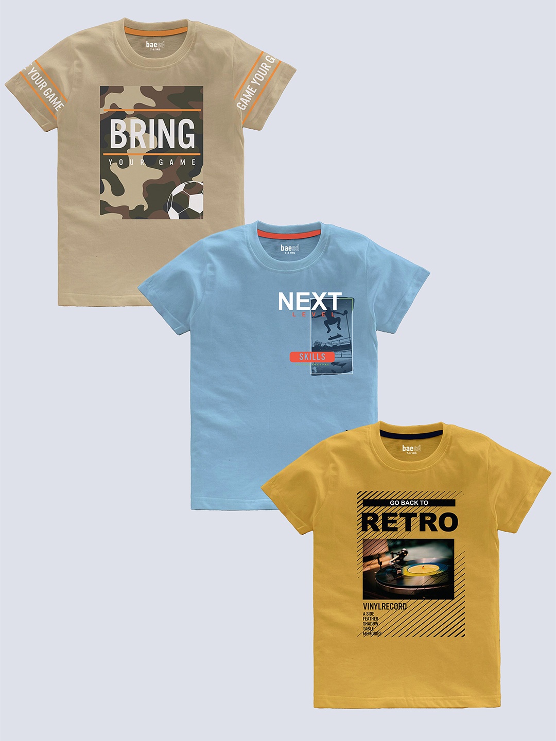 

BAESD Boys Pack Of 3 Typography Printed Pure Cotton T-shirt, Blue