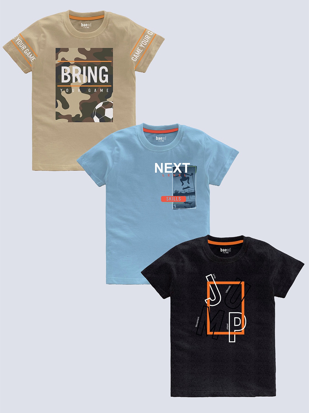 

BAESD Boys Pack Of 3 Typography Printed Pure Cotton T-shirt, Beige