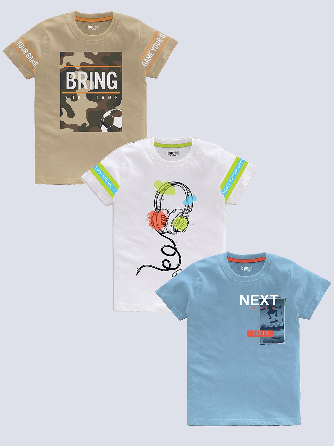 BAESD Boys pack Of 3 Typography Printed Cotton T-shirt, Beige