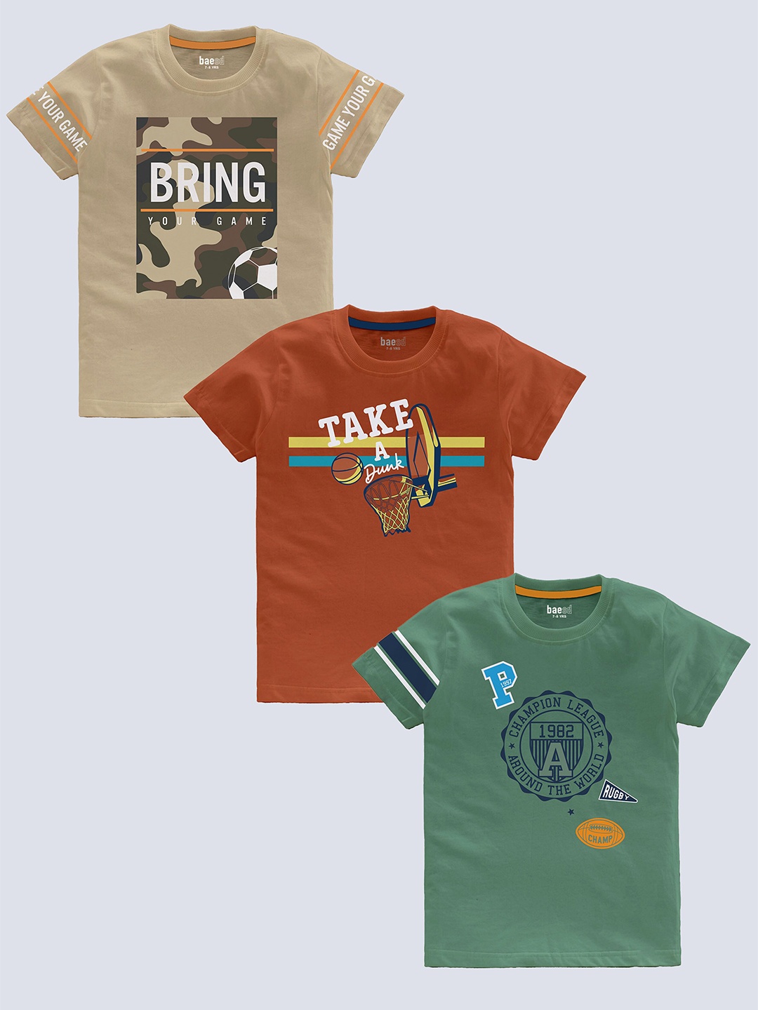 

BAESD Boys Pack Of 3 Typography Printed Pure Cotton T-shirt, Green