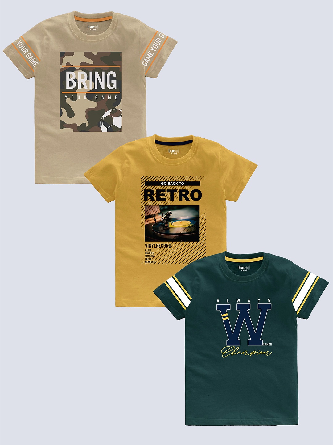 

BAESD Boys Pack Of 3 Typography Printed Pure Cotton T-shirt, Beige