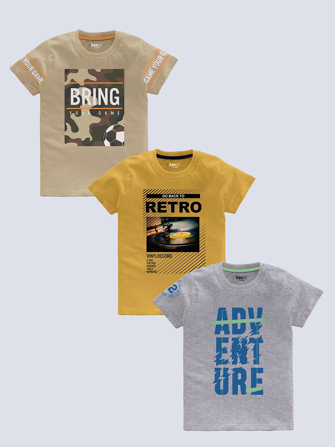 BAESD Boys Pack Of 3 Typography Printed Pure Cotton T-shirt, Beige