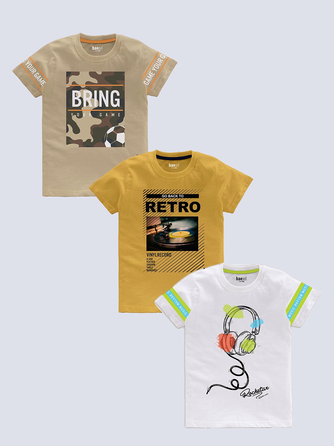 

BAESD Boys pack Of 3 Typography Printed Cotton T-shirt, Beige