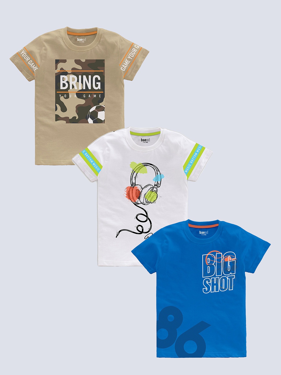 BAESD Boys Pack Of 3 Typography Printed Pure Cotton T-shirt, Blue