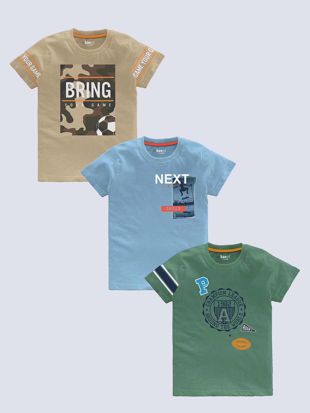 

BAESD Boys Pack Of 3 Typography Printed Pure Cotton T-shirt, Beige