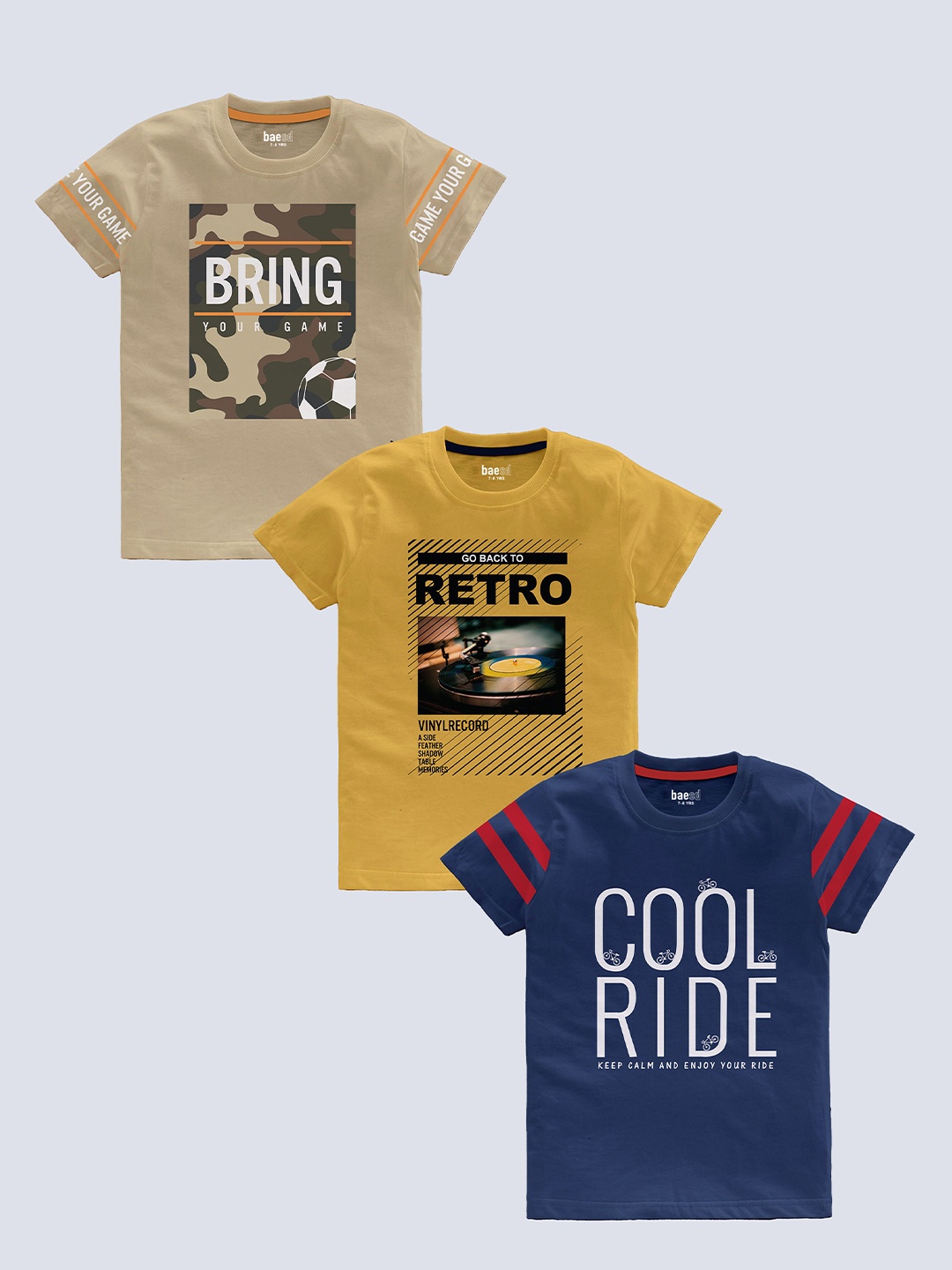 BAESD Boys Pack Of 3 Typography Printed Pure Cotton T-shirt, Beige