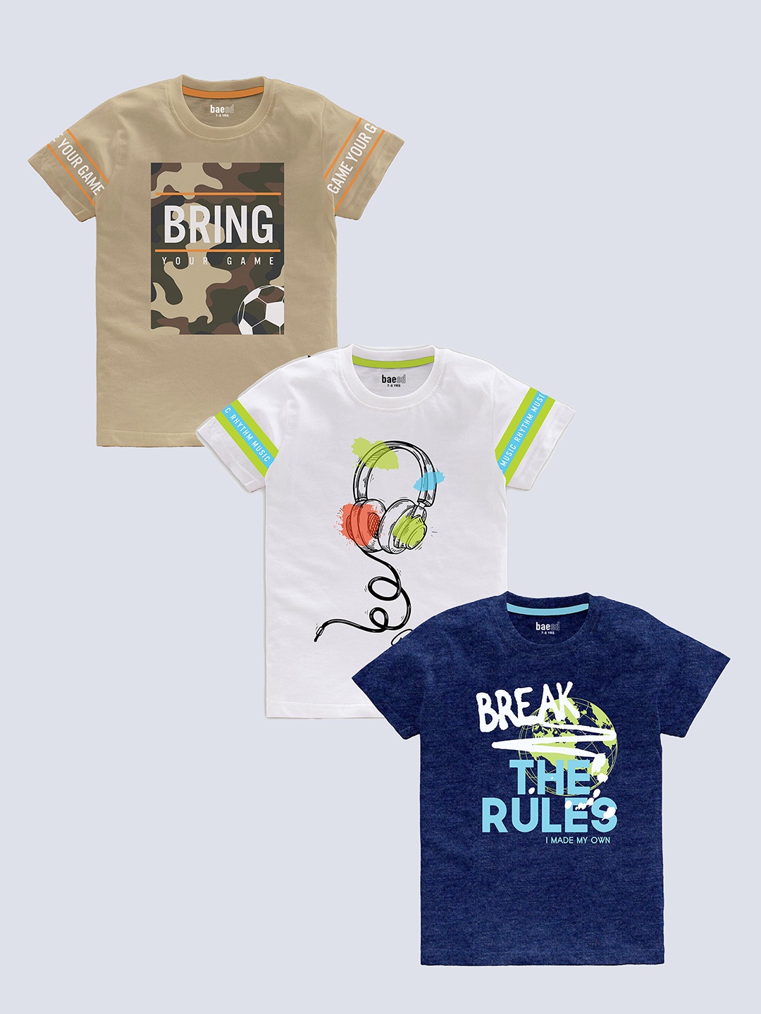 

BAESD Boys Pack Of 3 Typography Printed Pure Cotton T-shirt, Beige