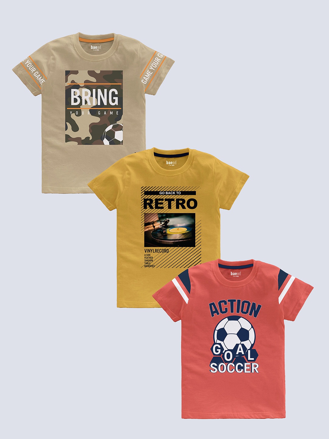 

BAESD Boys Pack Of 3 Typography Printed Pure Cotton T-shirt, Beige