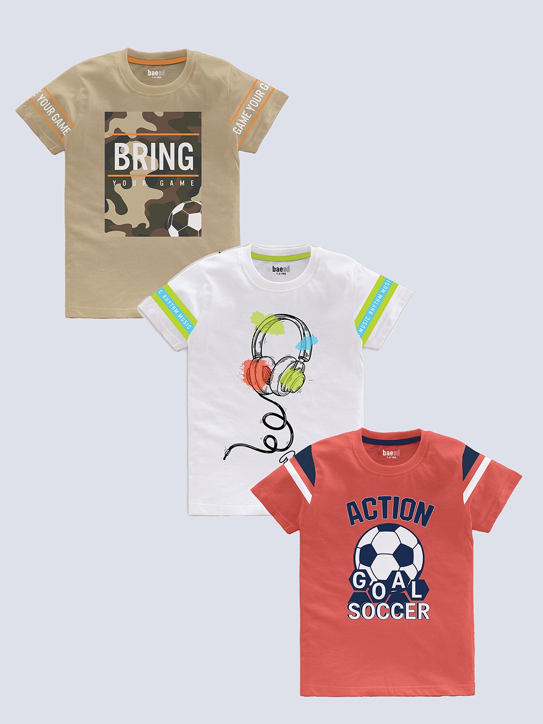 

BAESD Boys Pack Of 3 Typography Printed Pure Cotton T-shirt, Beige