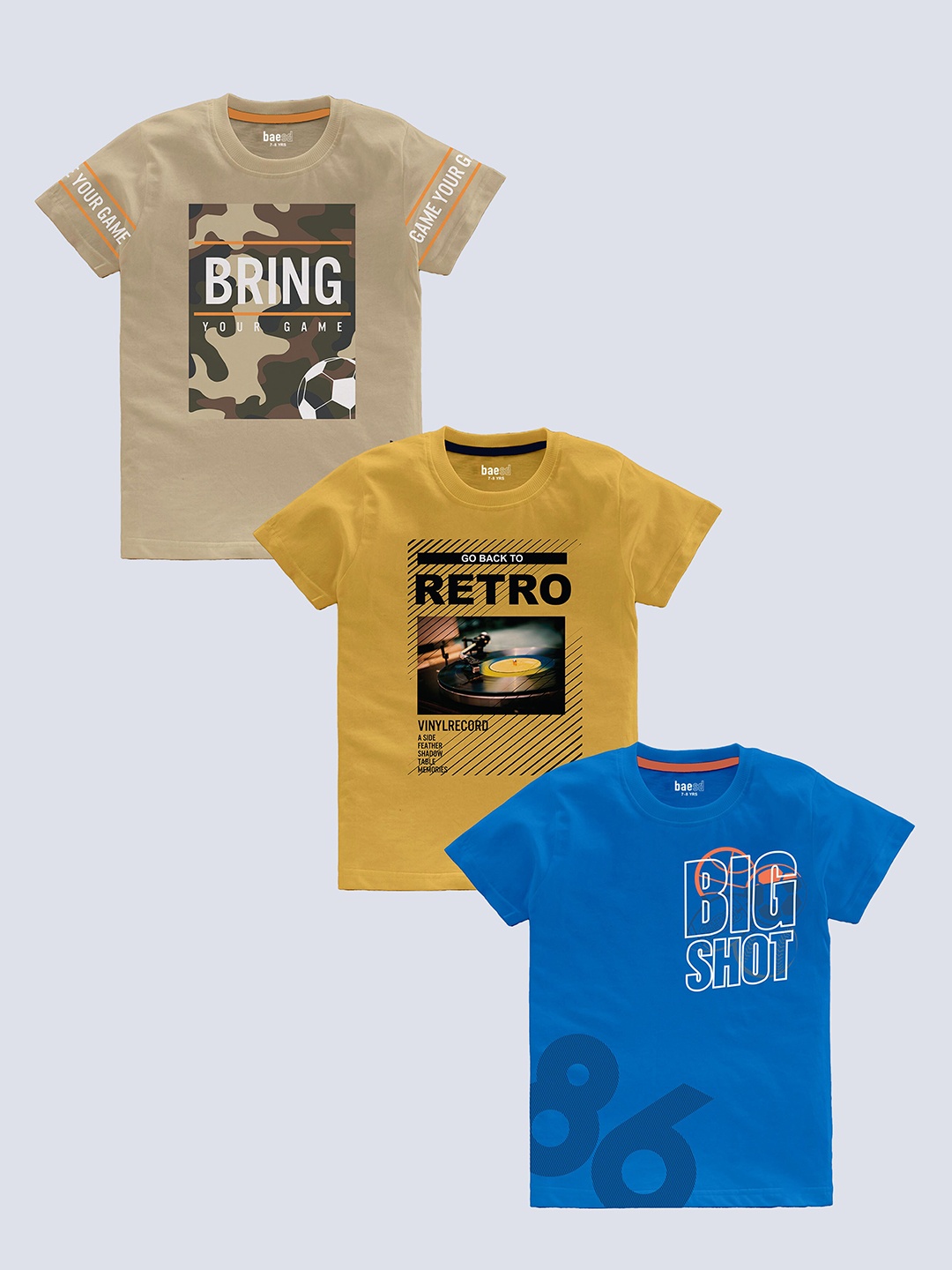 BAESD Boys pack Of 3 Typography Printed Cotton T-shirt, Beige