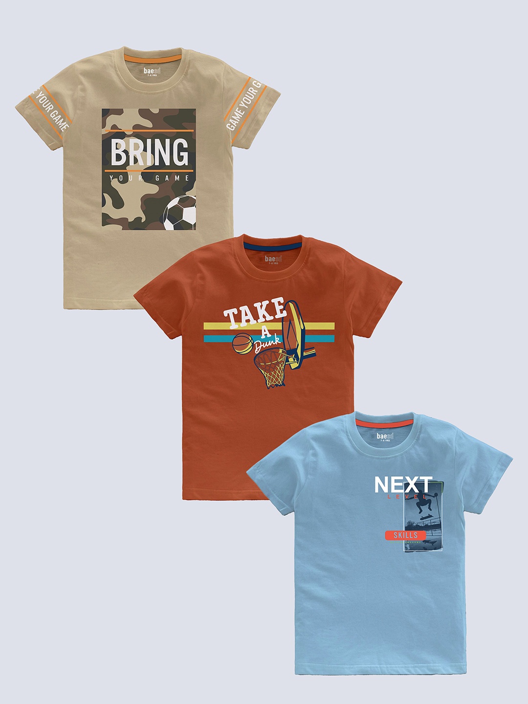 

BAESD Boys Pack Of 3 Typography Printed Pure Cotton T-shirt, Beige