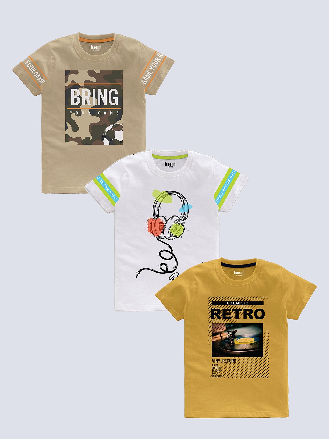 BAESD Boys Pack Of 3 Typography Printed Cotton T-shirt, Beige