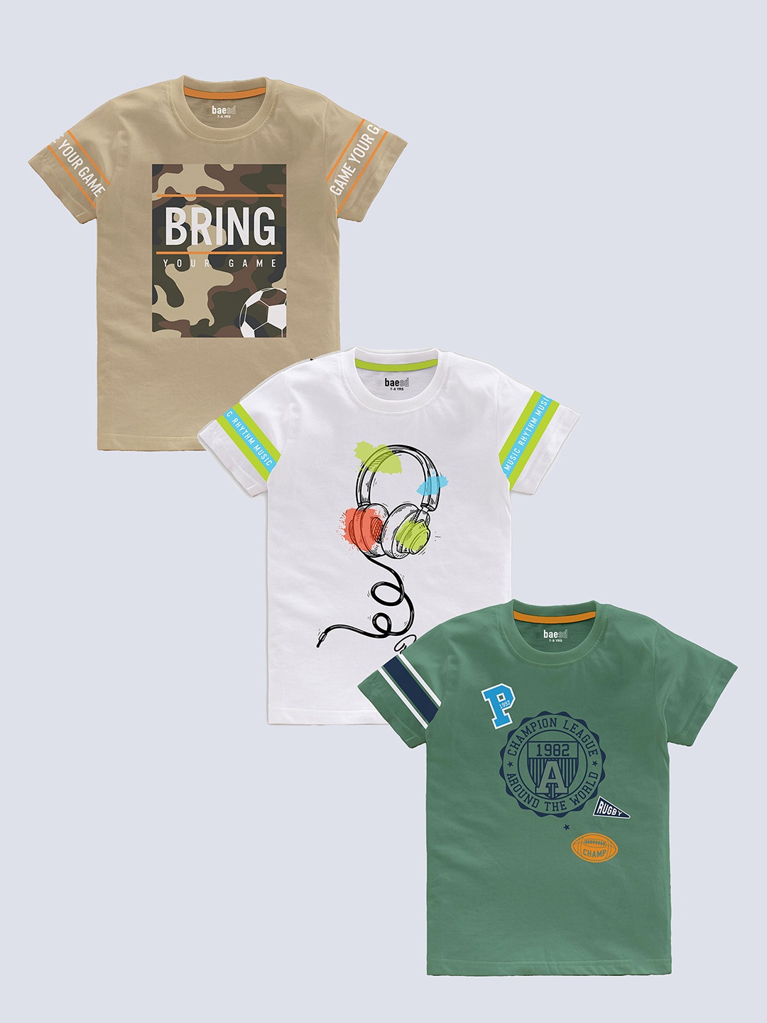 

BAESD Boys Pack Of 3 Typography Printed Pure Cotton T-shirt, Beige